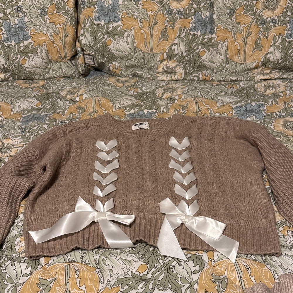 Nyc knits Brown Sweater with White Ribbon Accents
